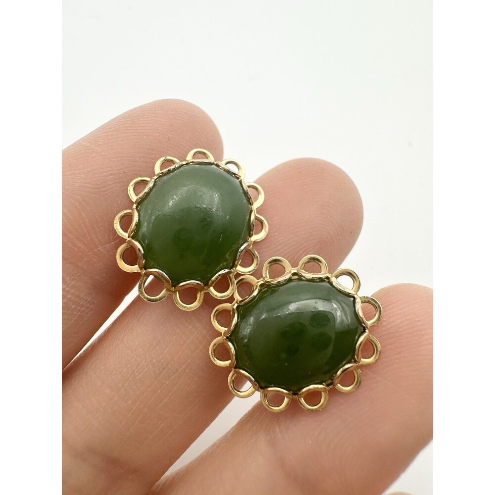 Vintage Golf Plated Natural Nephrite Jade Stud Earrings
